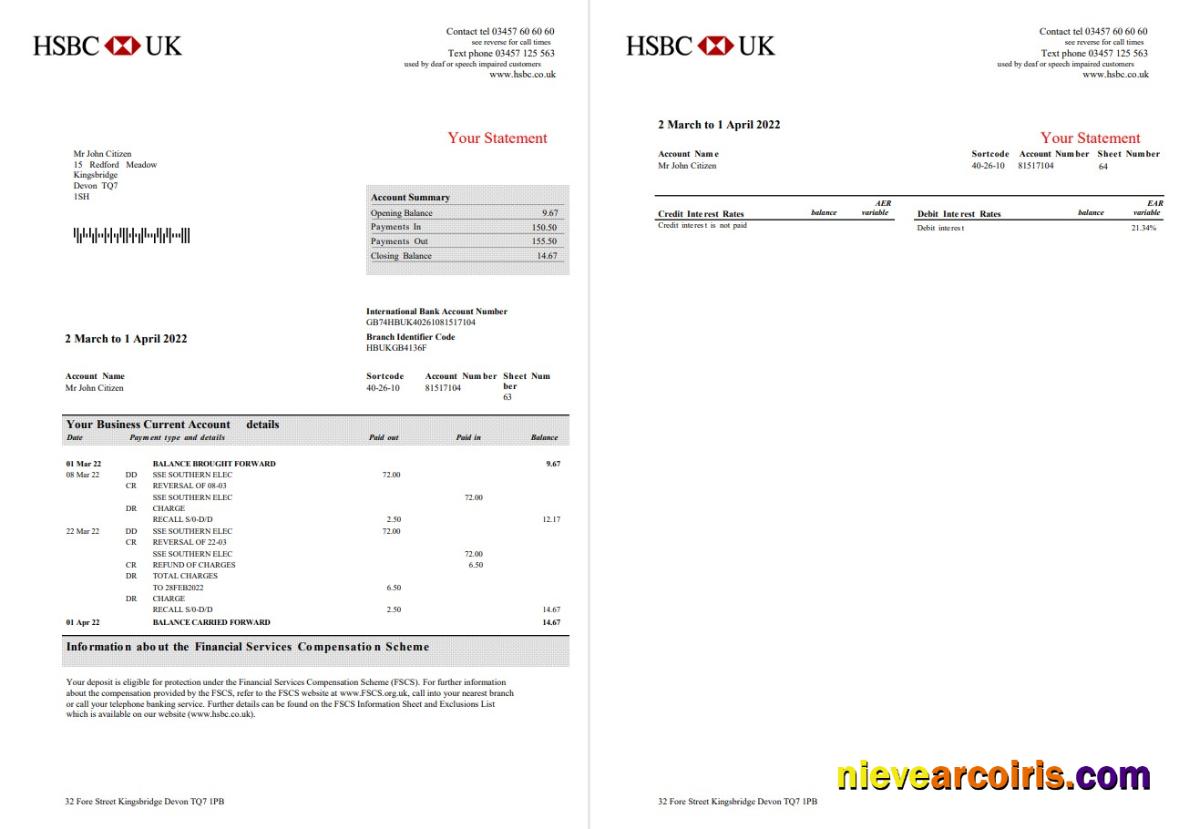 United Kingdom HSBC bank business account statement Word and PDF, 3 pages